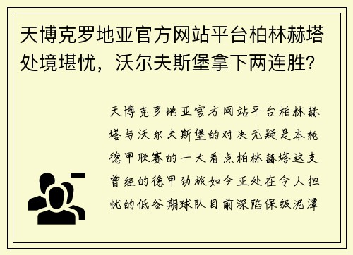 天博克罗地亚官方网站平台柏林赫塔处境堪忧，沃尔夫斯堡拿下两连胜？柏林赫塔VS沃尔夫斯堡赛前分析